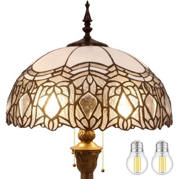 Tiffany Floor Lamp Crystal Bead White Stained Glass Standing Reading Light - Picture 1 of 7